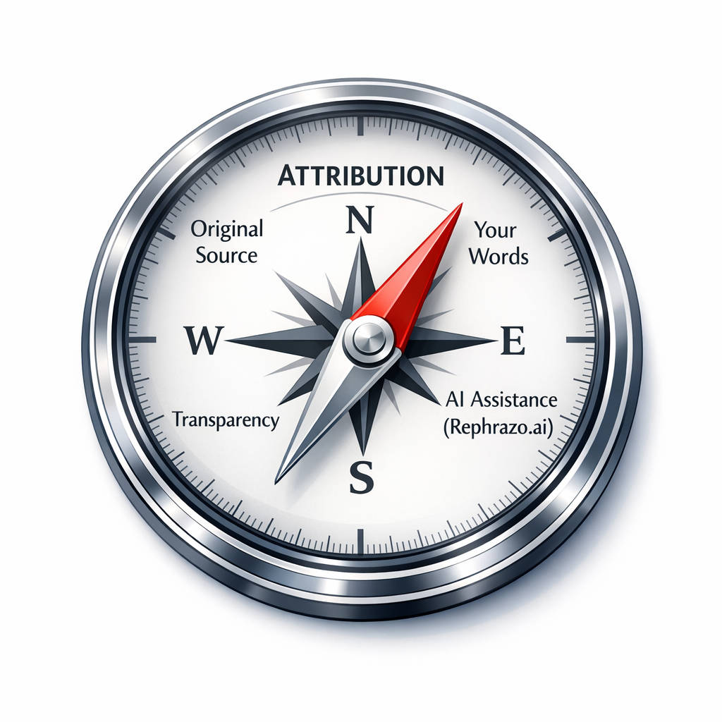 A clean, modern circular workflow diagram. Start with 'Research & Understand Source' (book icon). Then, 'Draft in Your Own Words' (pen icon). Next, 'Refine with AI (Rephrazo-ai icon)' (subtle AI brain icon). Then, 'Verify Meaning & Originality' (magnifying glass icon). Finally, 'Cite the Source' (citation icon), which loops back to 'Research & Understand Source'.